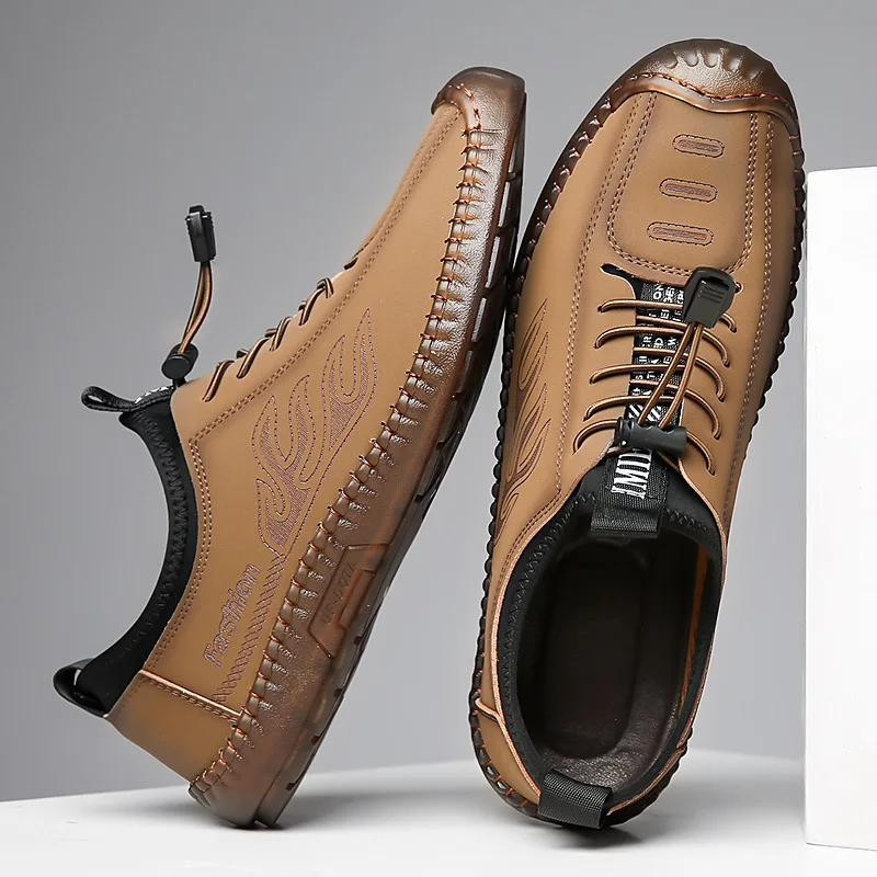 

Men's Casual Leather Shoes Fashionable Lace-up Soft Soles Soft Upper Shoes Men's Manual Flats Sewing Soft Soles Loafers Shoes