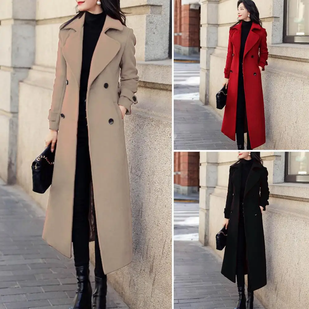 

Winter Overcoat Solid Color Mid-calf Length Formal Long Sleeves Keep Warm Business Double-breasted Lady Woolen Coat for Prom