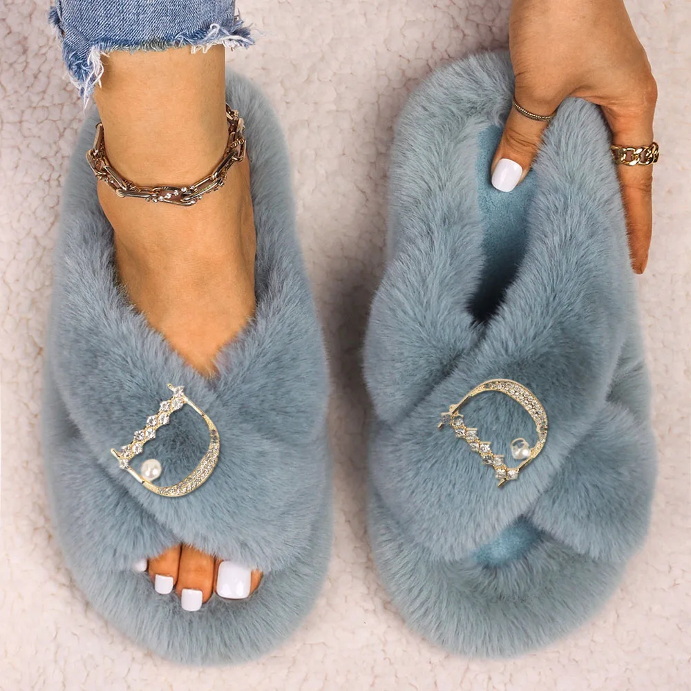 Women Slippers Fuzzy Slides Rhinestone Letter Faux Fur Sandals Designer Fluffy Slippers Ladies Platform Shoes Free Shipping 2022