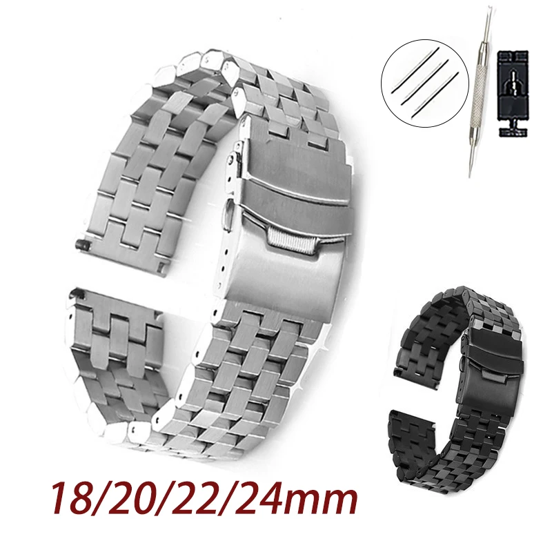

Solid Stainless Steel Watch Straps Bracelet 18mm 20mm 22mm 24mm Frosted Wristband For Seiko Universal Band Safety Folding Buckle