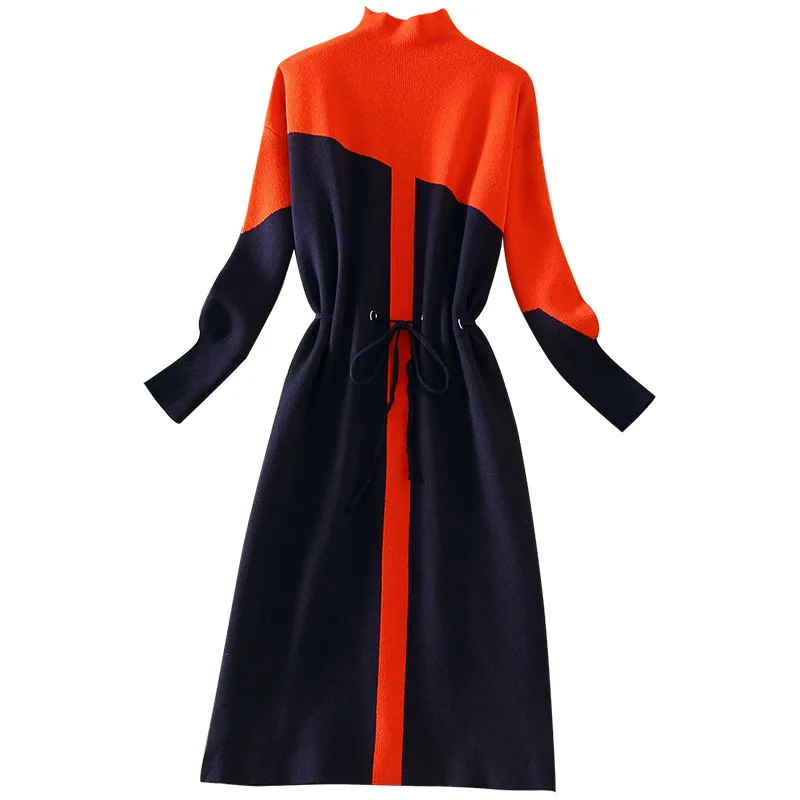 

Autumn Winter Dress Women's New Fashion Color Matching Half Turtleneck Knitted Sweater Dress Large Size Mid-long Women's Dress