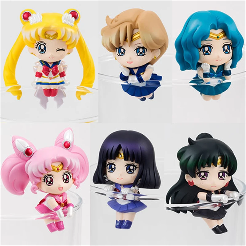 Anime Sailor Moon Tea Cup decorazioni Action Figures giocattoli per bambini Tsukino Usagi Chibi Usa Sailor Uranus Pluto Neptune Saturn 6 pezzi