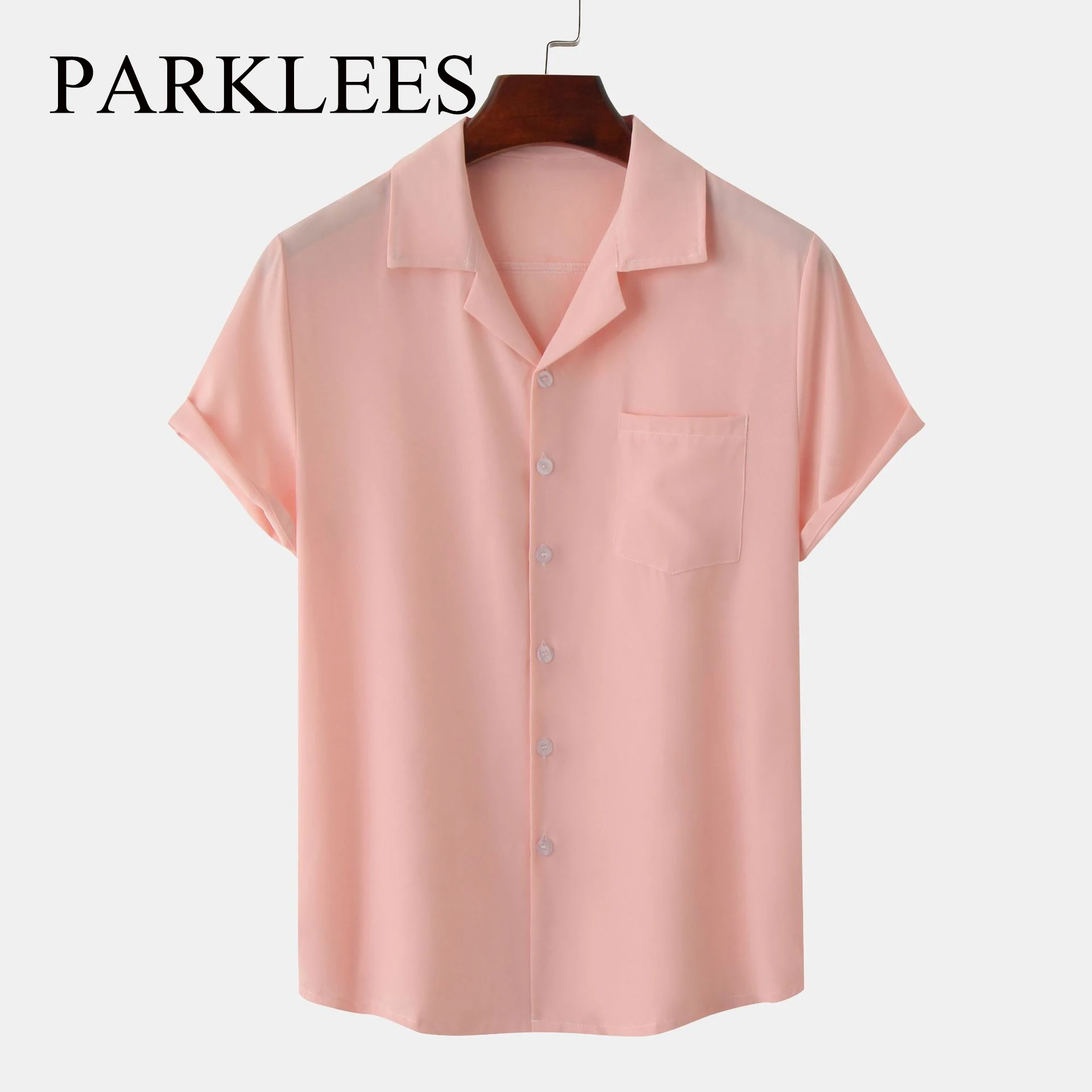 

Parklees Pink Cuban Guayabera Shirts for Men Summer Short Sleeve Button Down Shirts Fashion Casual Hippie Quick Dry Beach Shirts