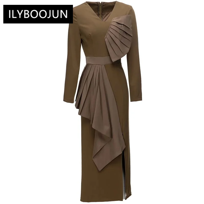 

Женское платье-карандаш с V-образным вырезом, длинным рукавом и оборками