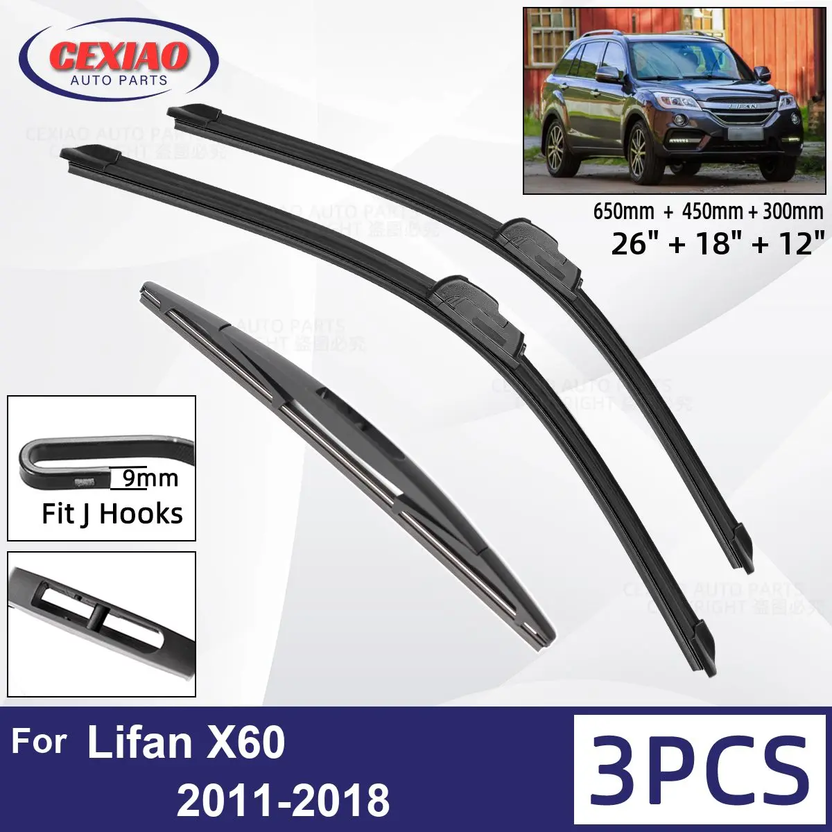 

For Lifan X60 2011-2018 Car Front Rear Wiper Blades Soft Rubber Windscreen Wipers Auto Windshield 26"18"12" 2014 2015 2016 2017