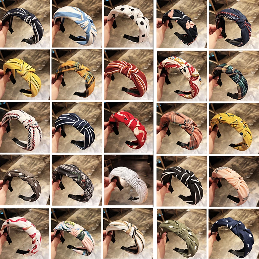 

Ободок тканевый женский с узелком, аксессуар для волос с принтом, полосатая лента для волос в Корейском стиле