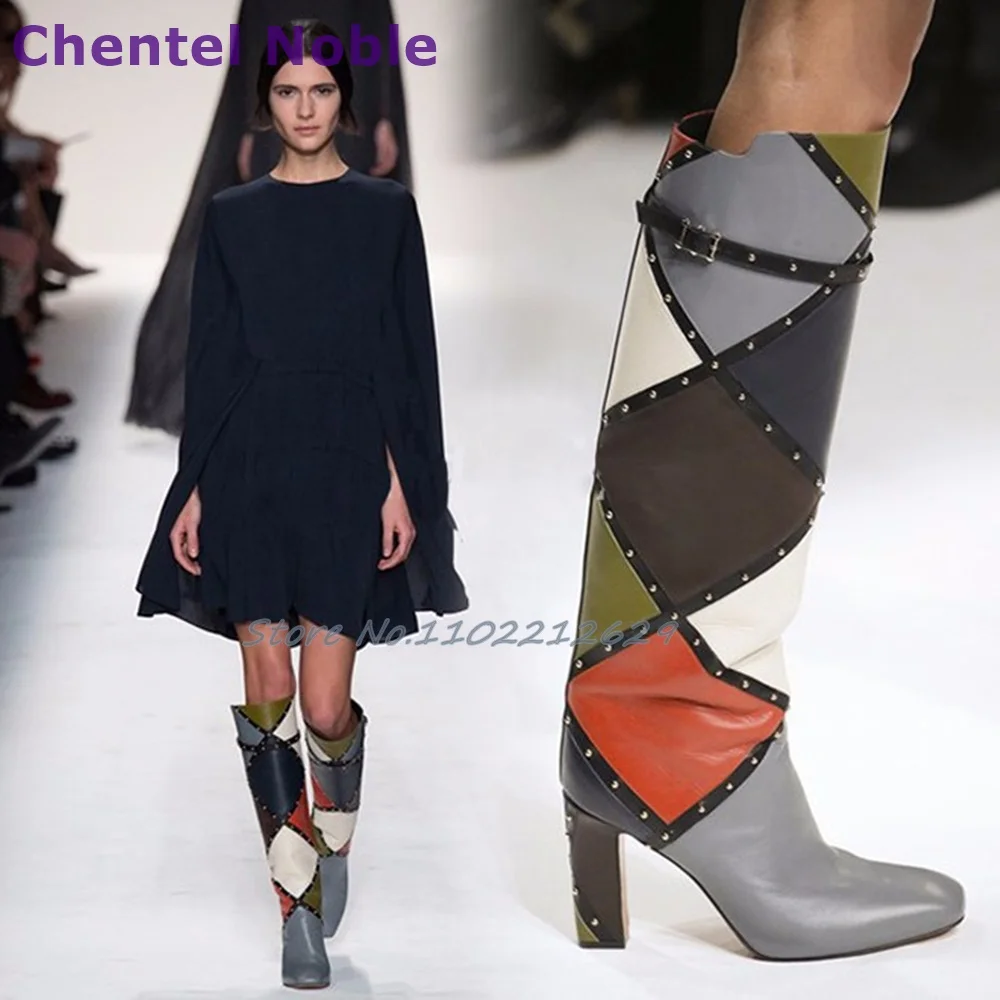 

Mixed Colors Knee High Boots Square Toe Square High Heels Rivet Buckle Patchwork Boots Newest Fashion Women Shoes Unique Design
