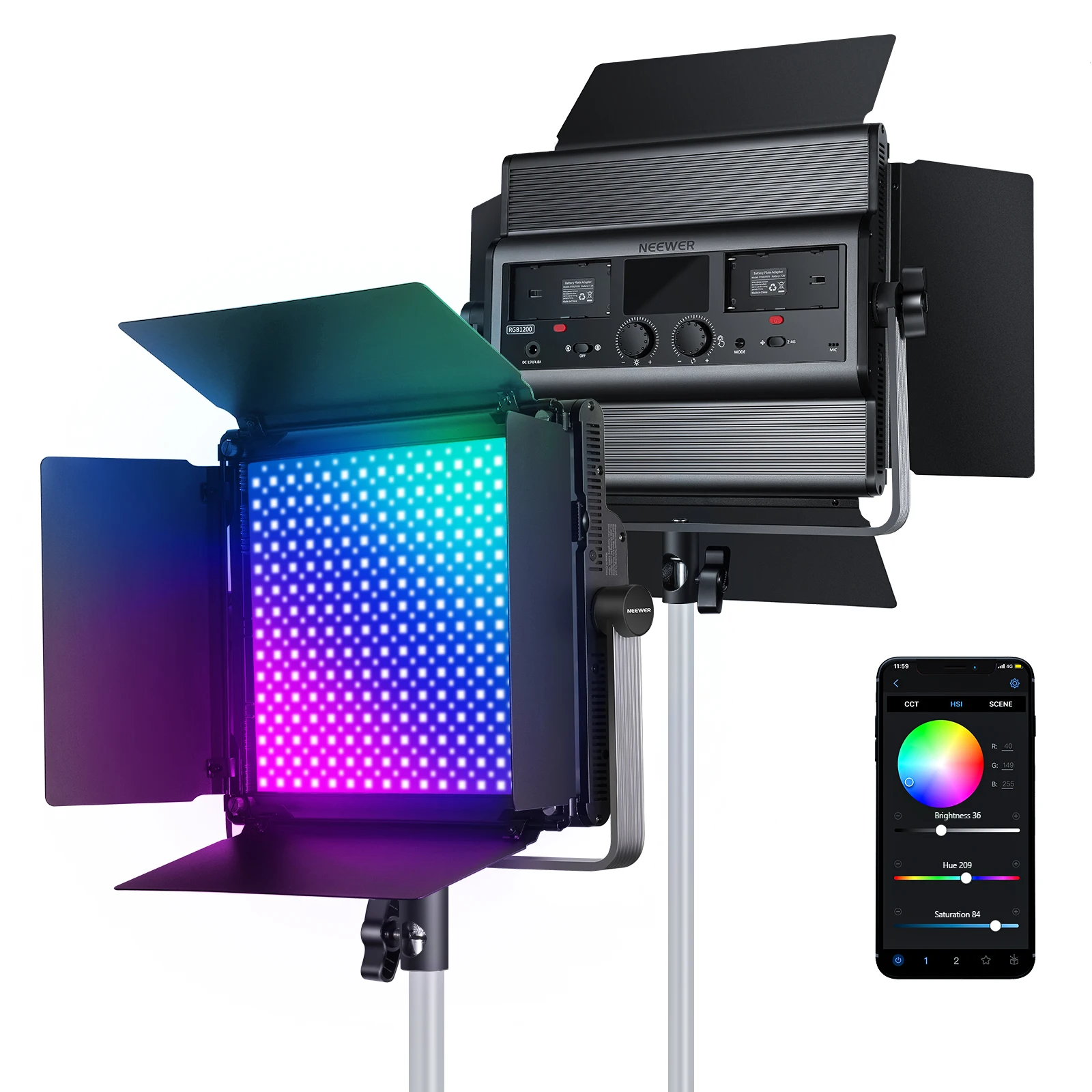 

NEEWER RGB1200 60W RGB LED Video Light With APP &2.4G Control, 22000 Lux@0.5m/1% Precise Min Dimming/360 RGB/ CRI 97+/TLCI 98+