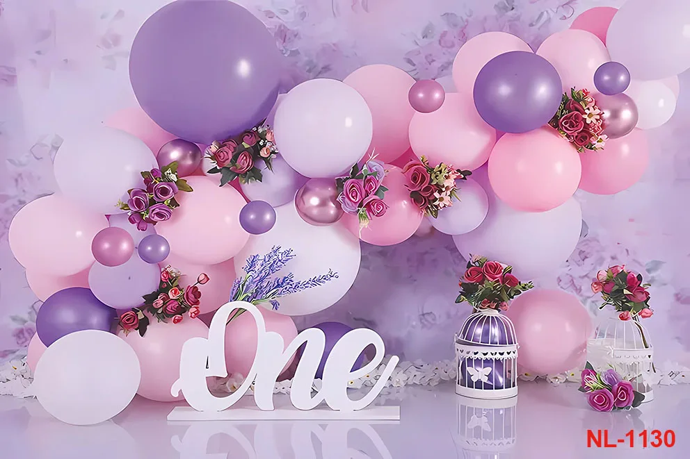 Фон для фотосъемки с розовыми цветами воздушными шарами бабочкой девушками на 1-й