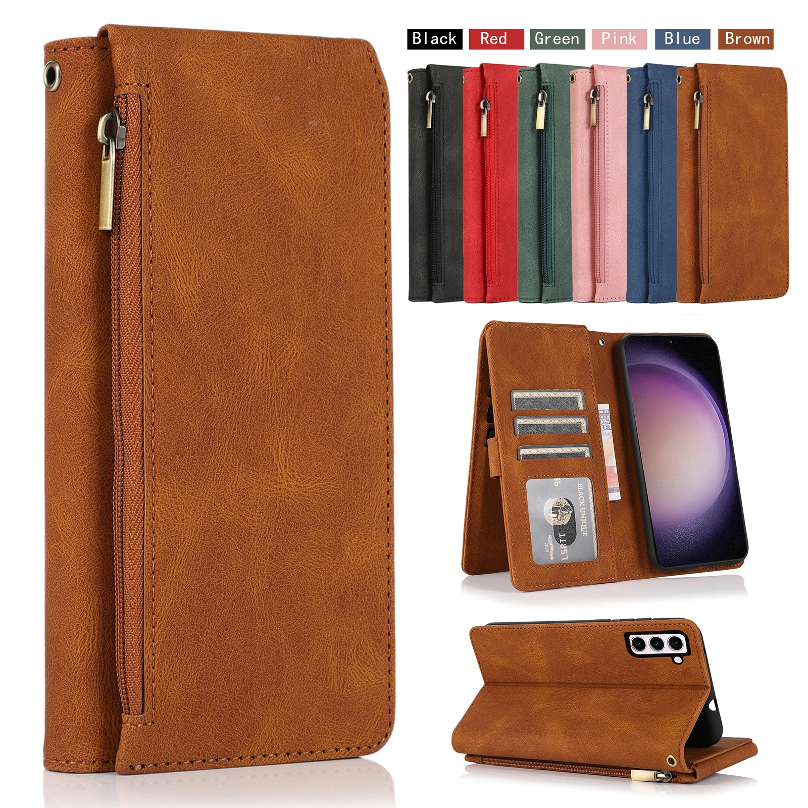 

Кожаный чехол-книжка с откидной крышкой и карманом на молнии с вертикальным кронштейном, чехол-бумажник для телефона Samsung Galaxy S9 S8 Plus S7 S6 Edge Active S5 Note20 Ultra