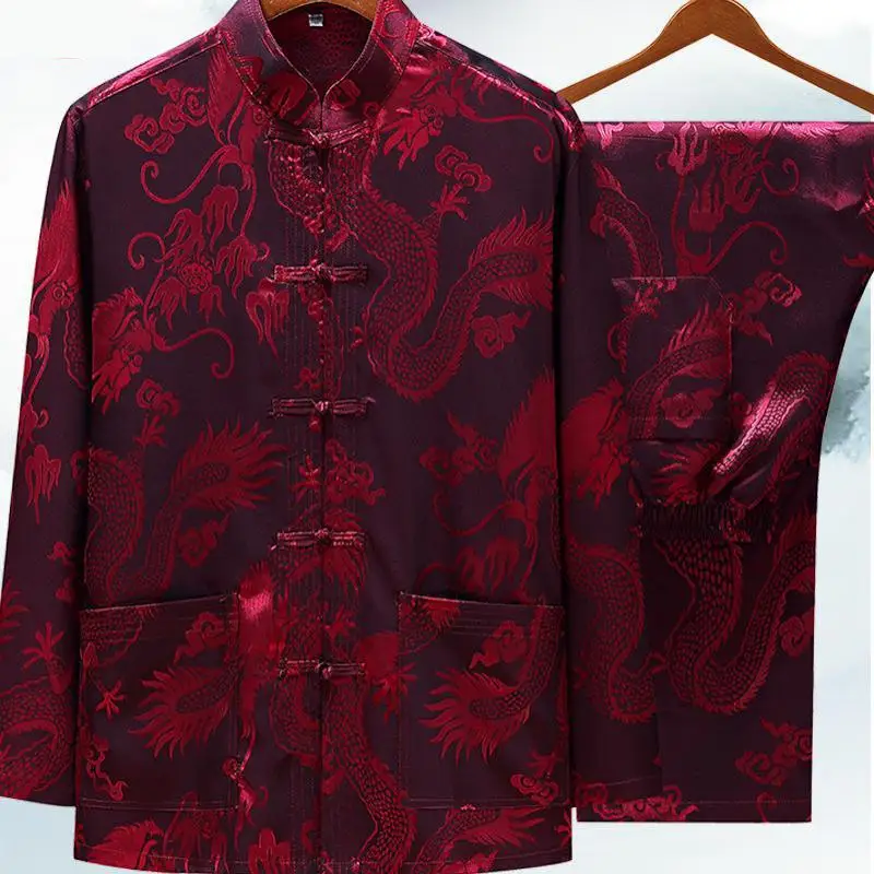 Традиционный китайский Шелковый атласный костюм Тан на весну-лето мужская