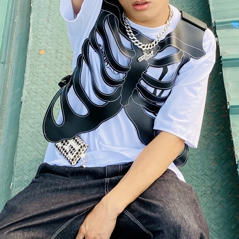 Из искусственной кожи Skeleon Neo-жилет а готическом стиле Tank мужской шикарный топ для мальчиков с вырезами Harajuku музыкальный фестиваль гитара шоу танцевальные костюмы бар