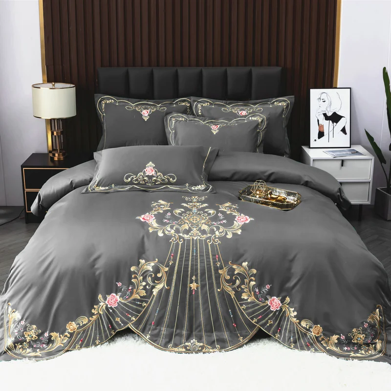 

Luxury European Palace Bedding Peony Gold Embroidery Brushed Duvet Set Quilt Cover Fitted Sheet Bed Linen Pillowcase