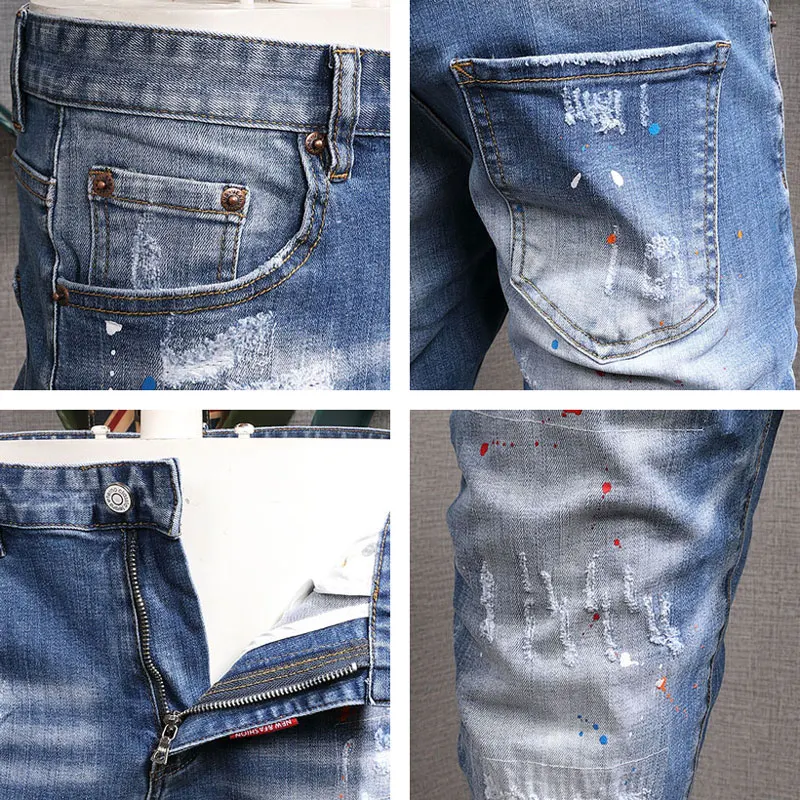 Streetwear Fashion Men Designer Men Jeans Retro Light Blue Elastic Stretch Slim Fit Ripped Jeans Men Korean Vintage Denim Pants