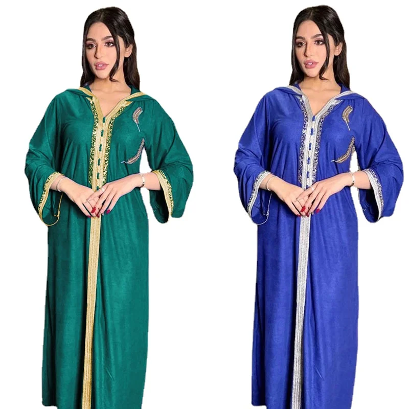 Dubai Arabic Muslim Abaya Dress for Women Fall 2023 Champagne Moroccan Kaftan Hooded Robe Turkish Islamic Jalabiya