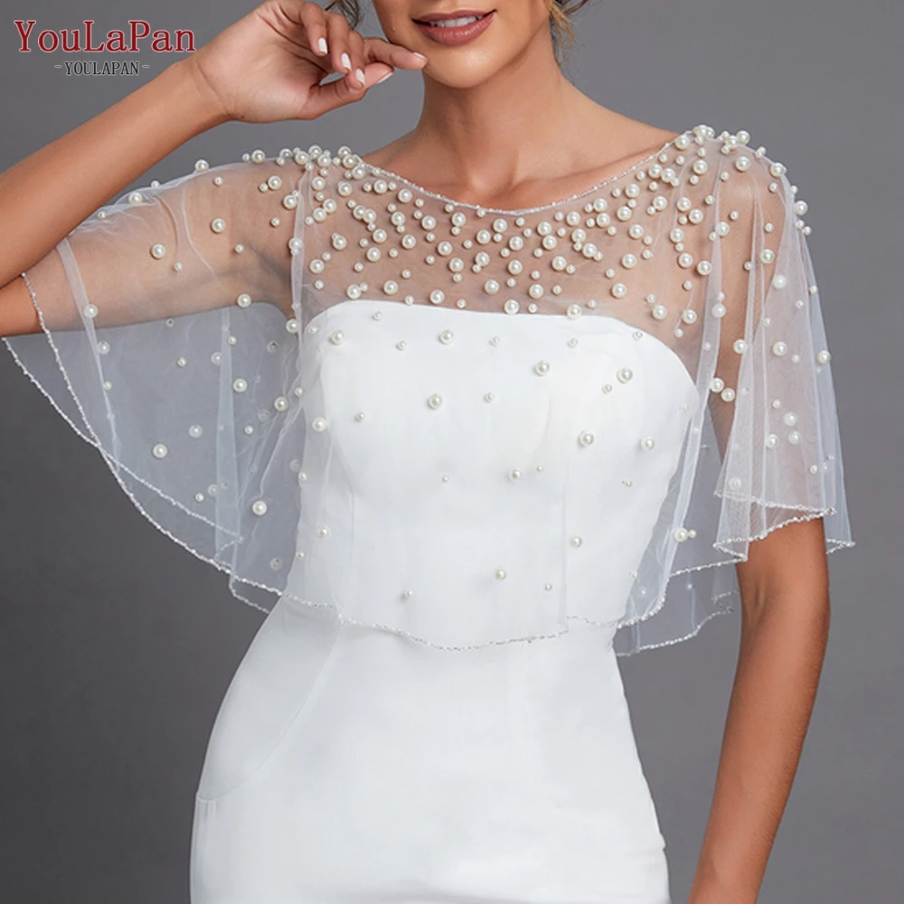 

YouLaPan Pearls Bridal Shawl Bolero Wedding Cape Evening Dress Shoulder Shrugs Women Short Wraps for Party Bride Accessories G31