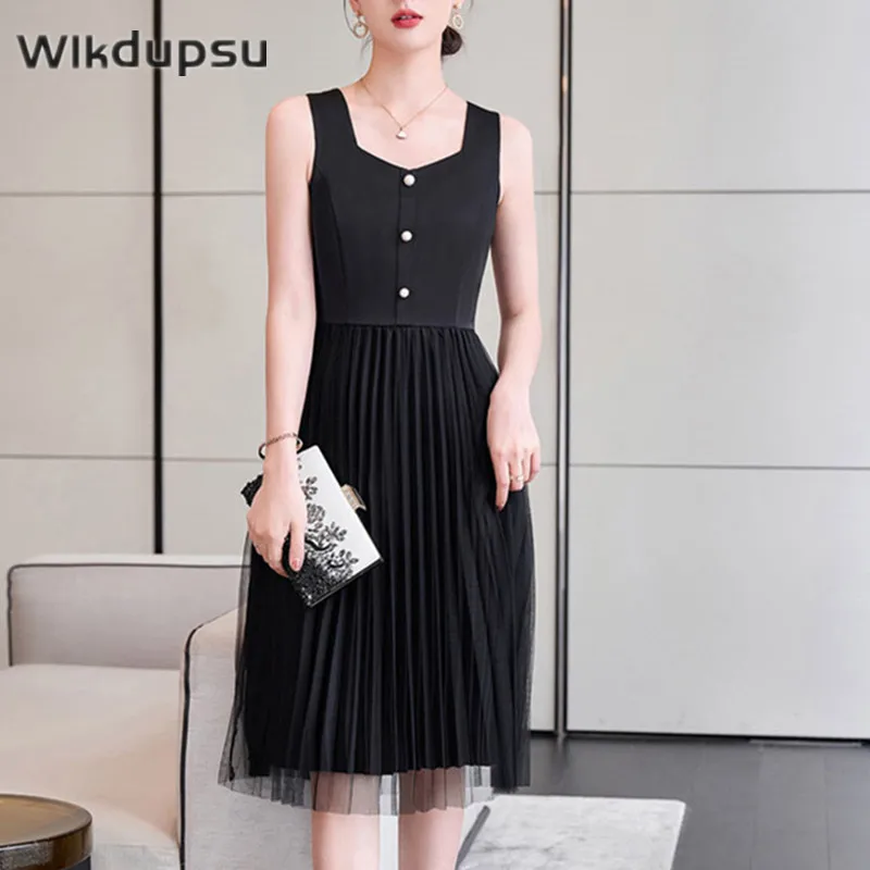 

Dress Women Summer Vintage Europe French Style Sleeveless Pleated Midi Long Dresses Office Ladies Work Casual Elegant Vestidos