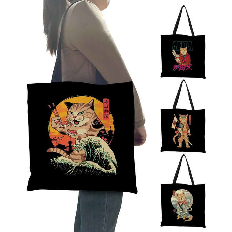 

2022 Summer New Black Handbags Japanese Ukiyoe Style Cat Warrior Knight Print Women Tote Reusable Shopping Bags for Supermarket