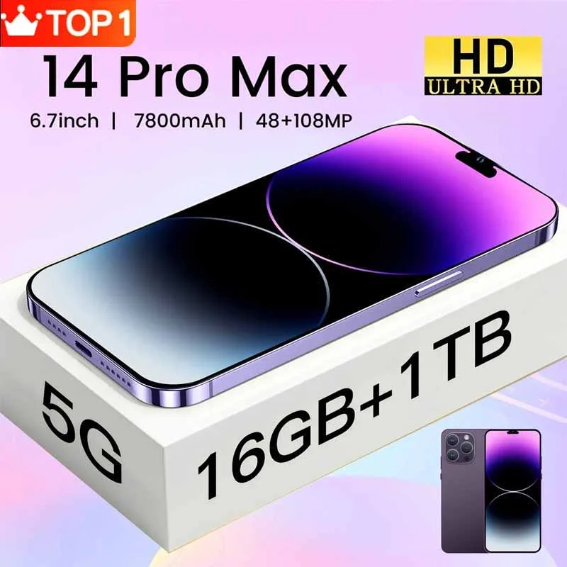 

2023 Brand New For I14 Pro Max Smartphone Original 6.7 Inch Full Screen Mobile Phones 16GB+1TB Global Version 5G Cell Phone