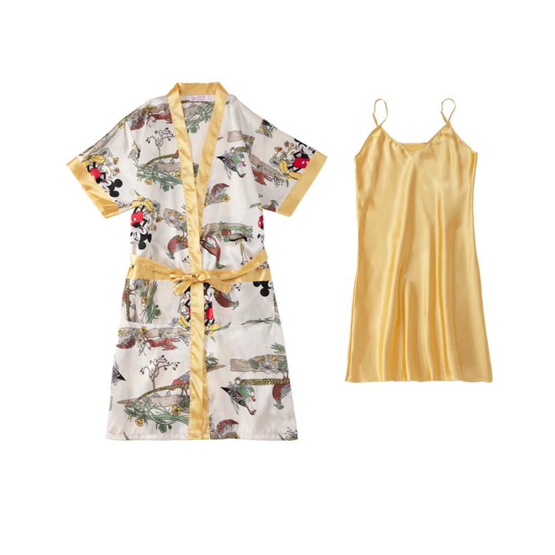 Disney Mickey Casual Women Silk Stain Bathrobe Yellow Bride Bridesmaid Wedding Robe Set Loose Sleepwear Home Clothes Nightwear