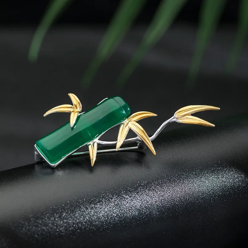 

S925 Стерлинговое Серебро, модный креативный дизайн, чувство хризопразы, бамбуковый узел, брошь, Национальный Ветер, бамбуковый лист, булавка для воротника