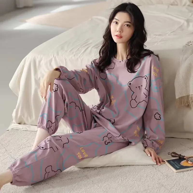 

Spring Autumn Womens Polyester Pajama Sets DOTS Sleepwear Cartoon Nightwear PJ Homewear Women's Simple Casual Suits Big Size 5XL