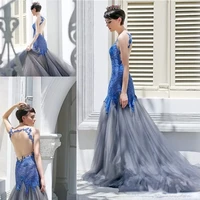 gorgeous royal blue lace mermaid prom dresses sexy open back gray tulle sweep train evening gowns pageant dresses formal wear