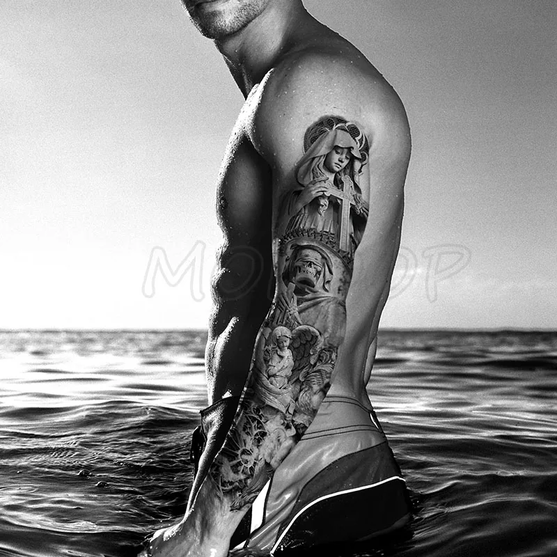 

Waterproof Temporary Tattoo Sticker cross Virgin Tower skull Full Arm Large tatoo Stickers Flash Fake Tatto to Man Woman girl