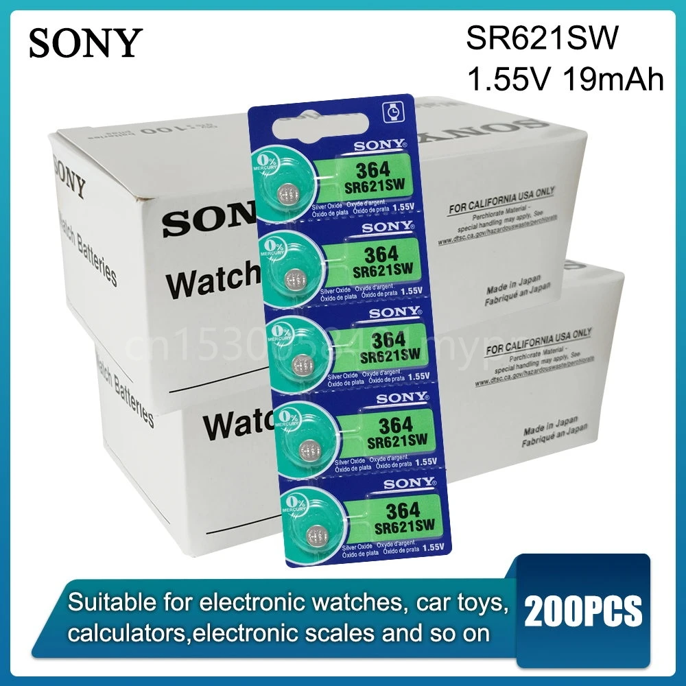 

200PCS Original Sony 364 SR621SW SR621 V364 AG1 LR60 1.55V Silver Oxide Battery for Watch Car Key Button Coin Cell MADE IN JAPAN