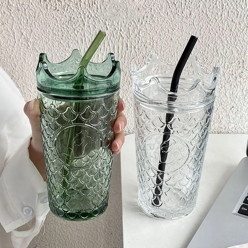 

500ml Mermaid Glass With Crown Sealed Lid With Straw Coffee Milk Cup Girls Home Summer Cold Drink Fruit Tea Drink Drinking Cup