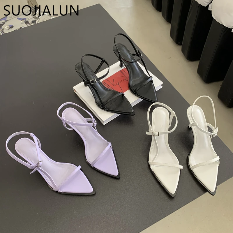 SUOJIALUN 2023 Summer New Brand Women Slipper Fashion Square Toe Slip On Ladies Slides Thin High Heel Outdoor Dress Sandal Shoes