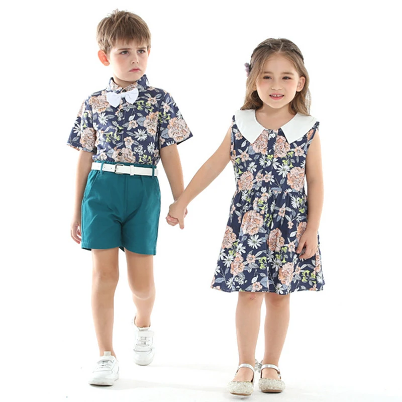 Family Matching Outfits Print Brother and Sister Kids Matching Sets Boys Gentleman Suit + Princess Girls Dress Set Child Clothes images - 6