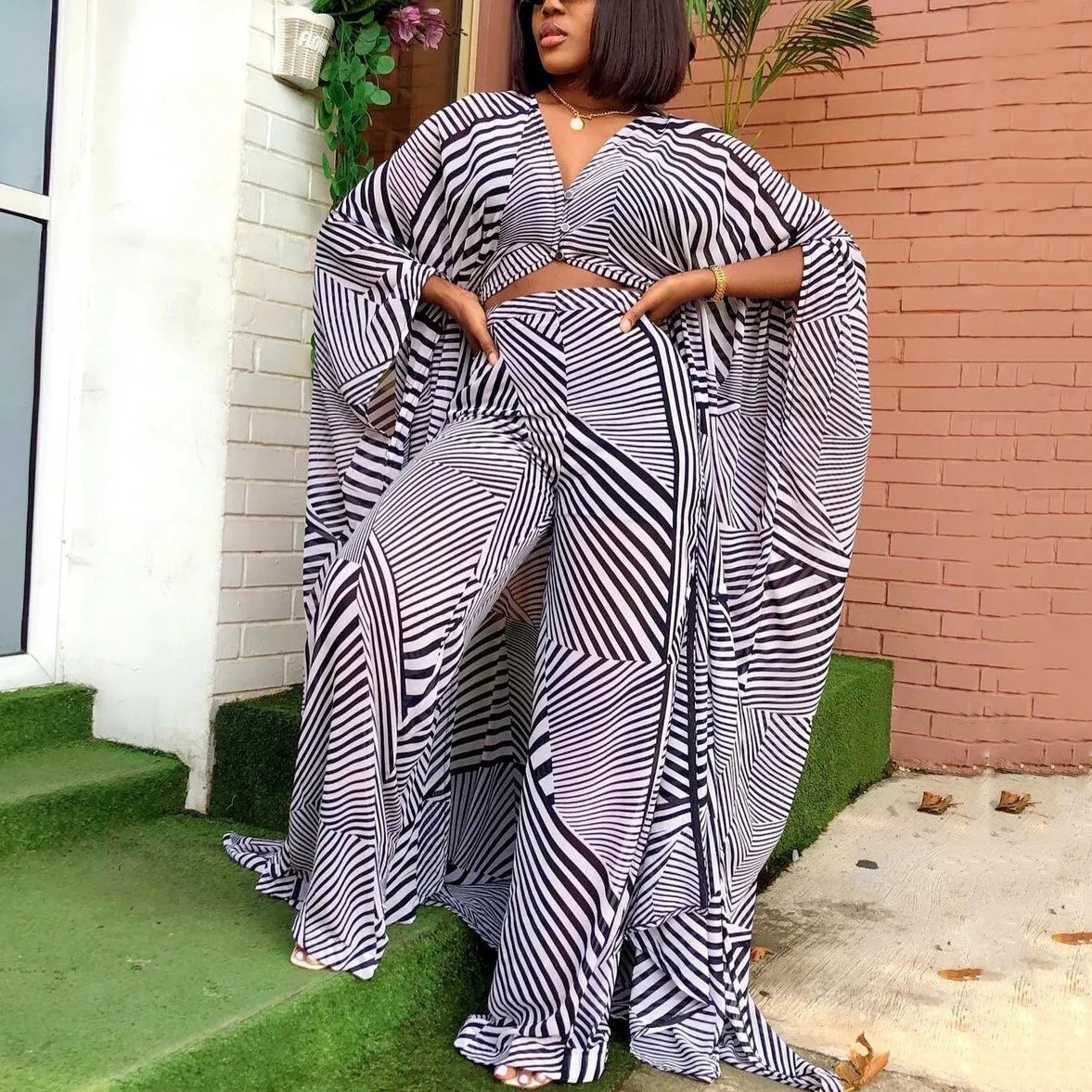 

Summer Chiffon Pants Sets for African Ladies Printed Loose Batwing Sleeve Fashion Elegant Evening Night Party Matching Sets Hot
