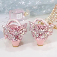 kids shoes for girl sandals casual 2022 korea high heeled fish mouth children crystal butterfly behind dark pink 3 to 14 years