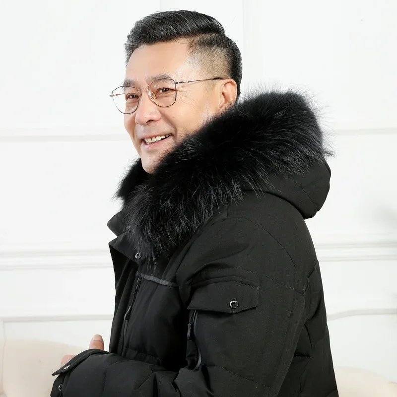 Зимняя куртка для мужчин Пуховик Теплый меховой капюшон Белый гусиный пух Пальто