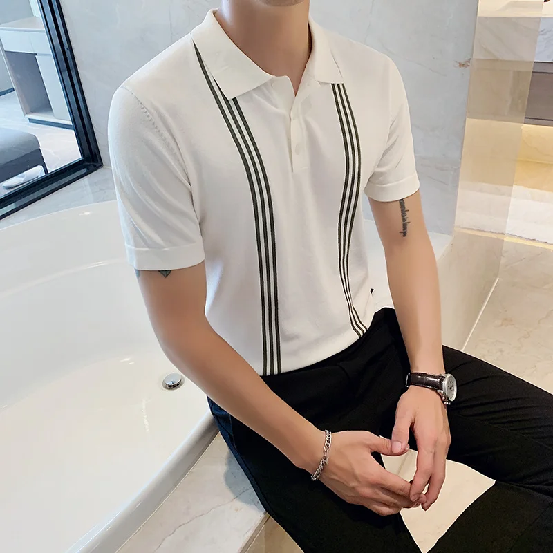 

2023 Social Knit Slim Polo British Style Stripes Polo Shirt Men Summer Short Sleeve Men's Polos Slim Fit Casual Polo Homme 3XL