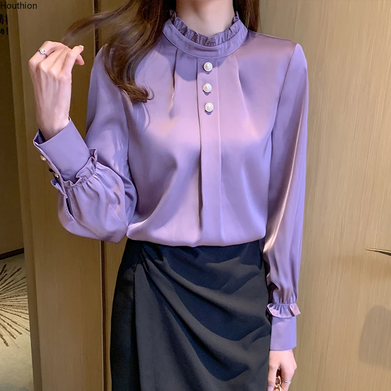 

Chiffon Women's Blouses Long Sleeve Top Solid New Casual Blouse Summer Fashion Spring Lady Clothing Houthion