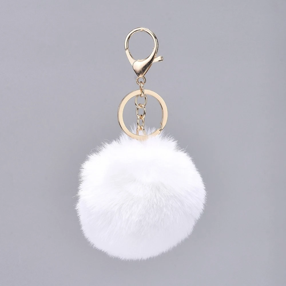 

2pc Pom Pom Ball Keychain with Alloy Lobster Claw Clasps and Iron Key Ring for Bag Decoration Light Gold White 138mm