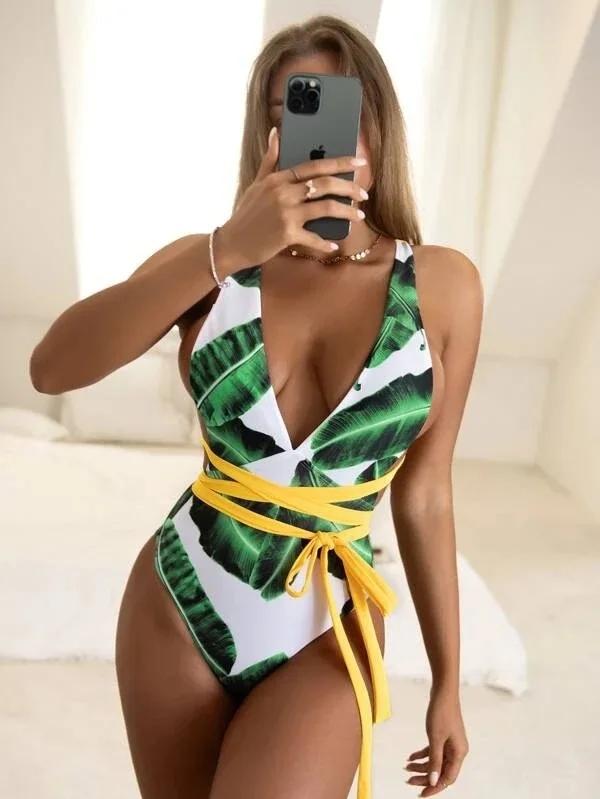 

Sexy V Neck Swimwear One Piece Swimsuit High Waist Strap Bikinis Swimwear 2022 Bandage Women Monokini Backless Beachwear