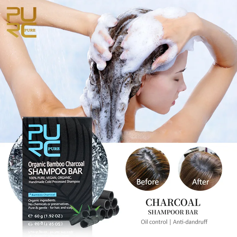 60g PURC Organic Bamboo Charcoal Shampoo Bar Pure Reduce Gray White Hair Deep Cleaning Repair Damaged Anti-Frizzy Soap Hair Care