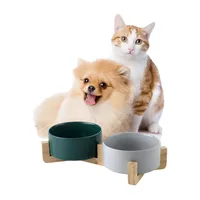 Ulmpp Cat Feeding Bowl Ceramic Pet Water Food Feeder Kitten Puppy Double Dish Dispenser With Wood Stand and Mat Dog Supplies