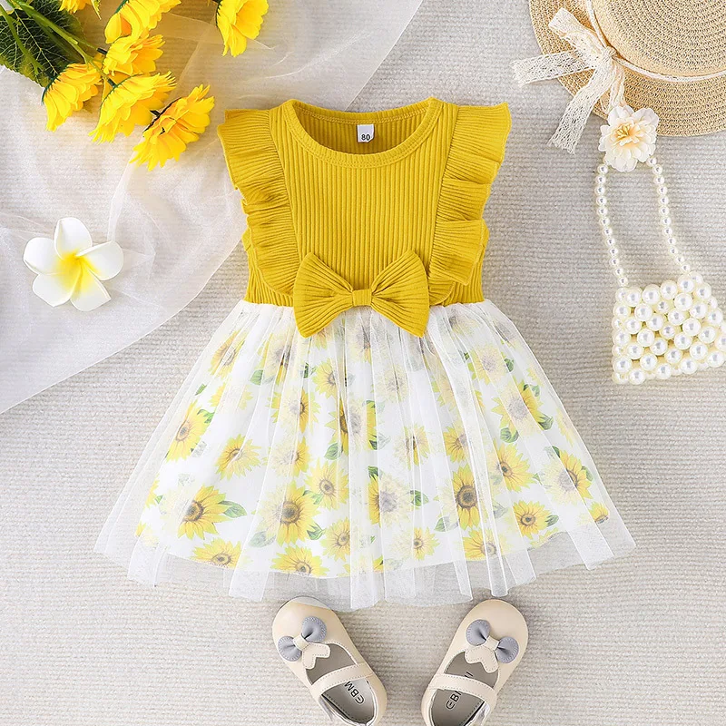 

Baby Girls Dress Cotton Bow Sunflower Print Ruffle Sleeveless Baby Girls Layered Fly Sleeve Tutu Dress Casual Party Summer Dress