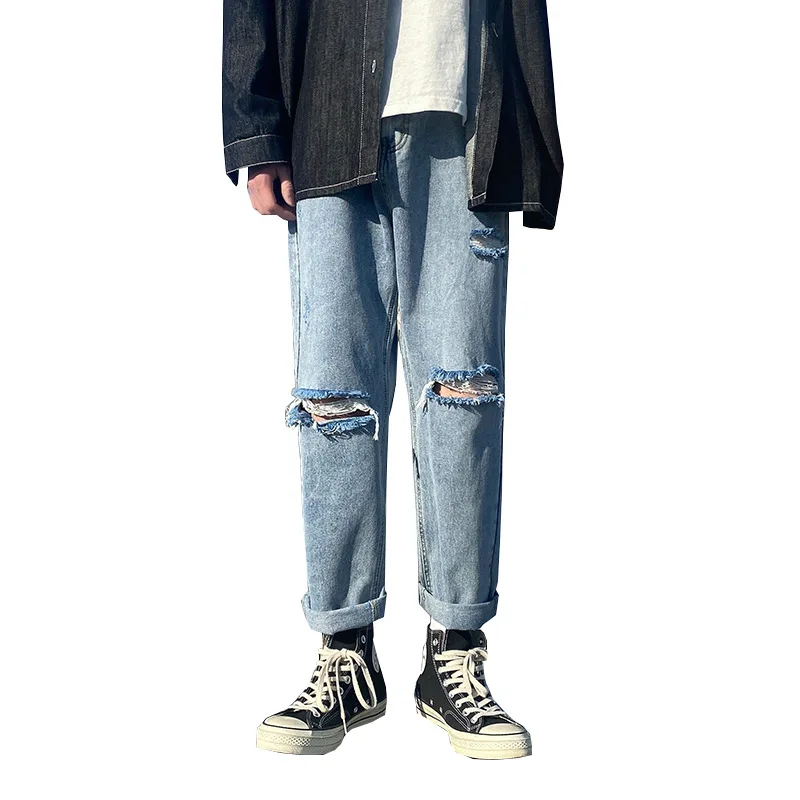 New Men's Ripped Jeans Ins Trend Solid Color Wide-leg Ripped Straight Nine-point Pants Fashion Streetwear Men джинсы для мужчин