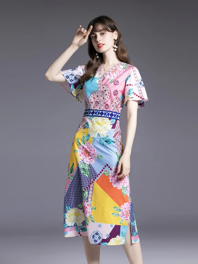 

Женское платье-карандаш со средней талией, V-образным вырезом и рукавами с оборками, модель B141 на лето, 2022