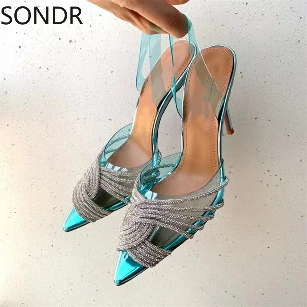 

2022 Womens Rhinestones Crystal Stilettos High Heel Sandals S-straps Clear Transparent Shoes Slingbacks Ladies Sexy Shoes