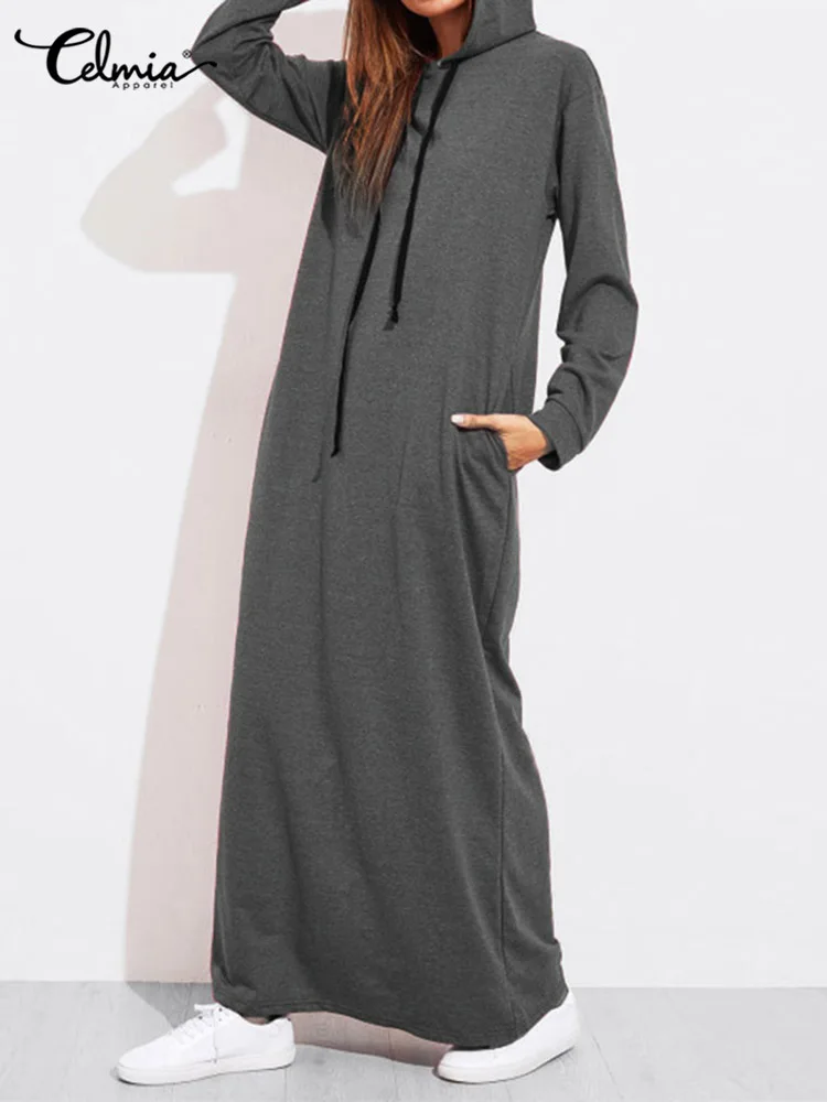 

Celmia Women Simple Sweatshirt Dress Casual Loose Fashion Long Sleeve Autumn 2022 Long Robes Knitted Hooded Hoodies Dresses