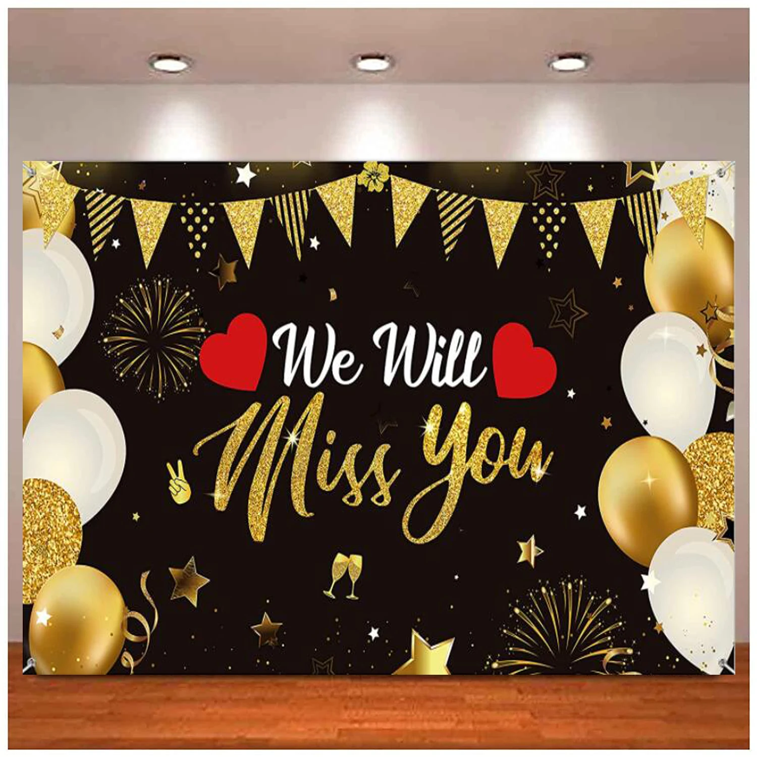

We Will Miss You Party Decor Black Gold Going Away Party Photography Backdrop Banner for Farewell Retirement Party Background
