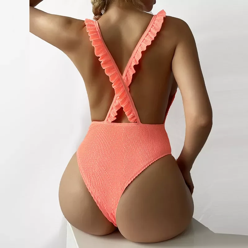 

Sexy Ruffled Frilled Deep V High Cut One Piece Swimsuit Women Swimwear Female Cross Backless Monokini Bather Bathing Suit Swim