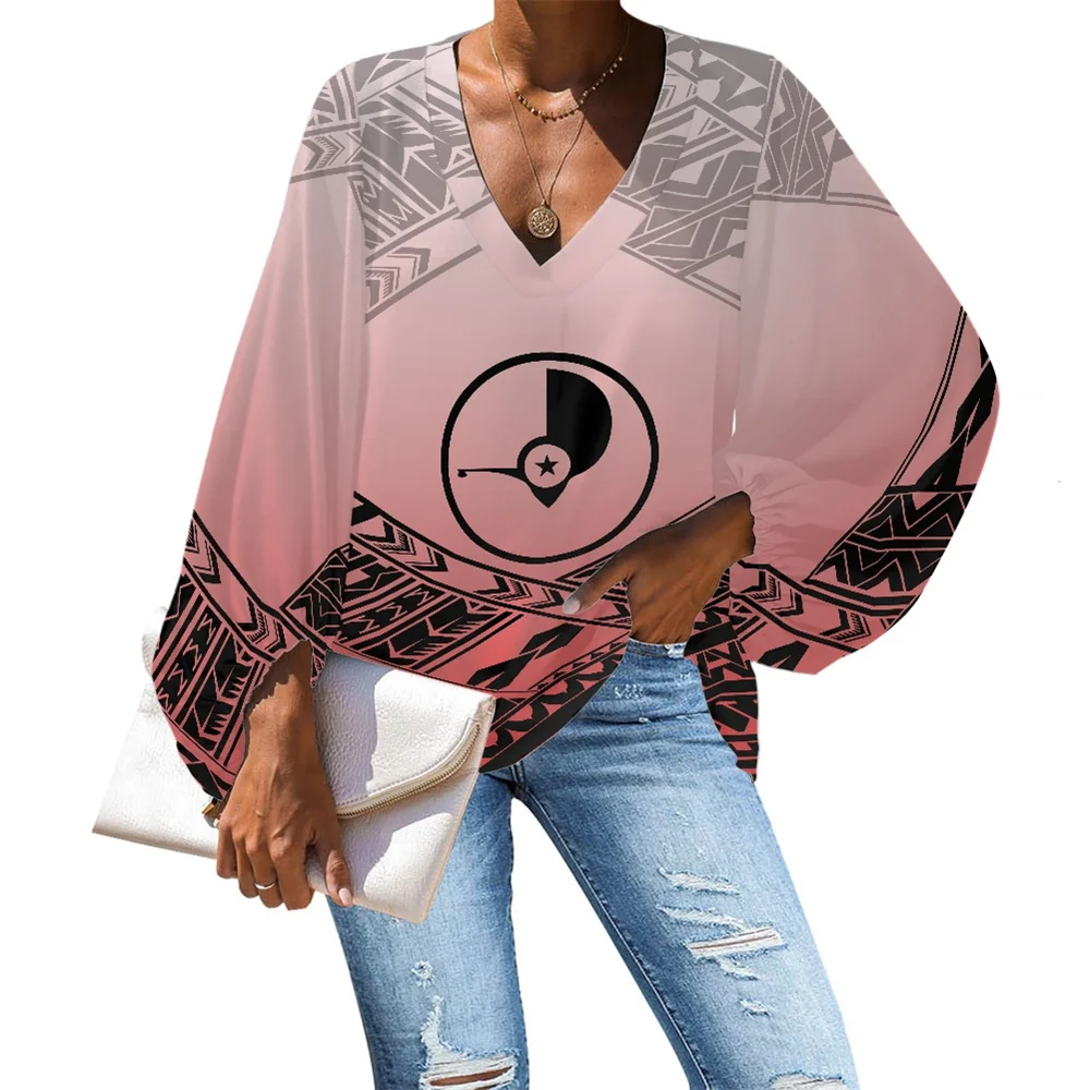 

Upscale Good Looking Casual Summer Shirts Polynesian Tribal Samoa Yap Islands Floral Print V-neck Shirt Long Sleeve Women Blouse
