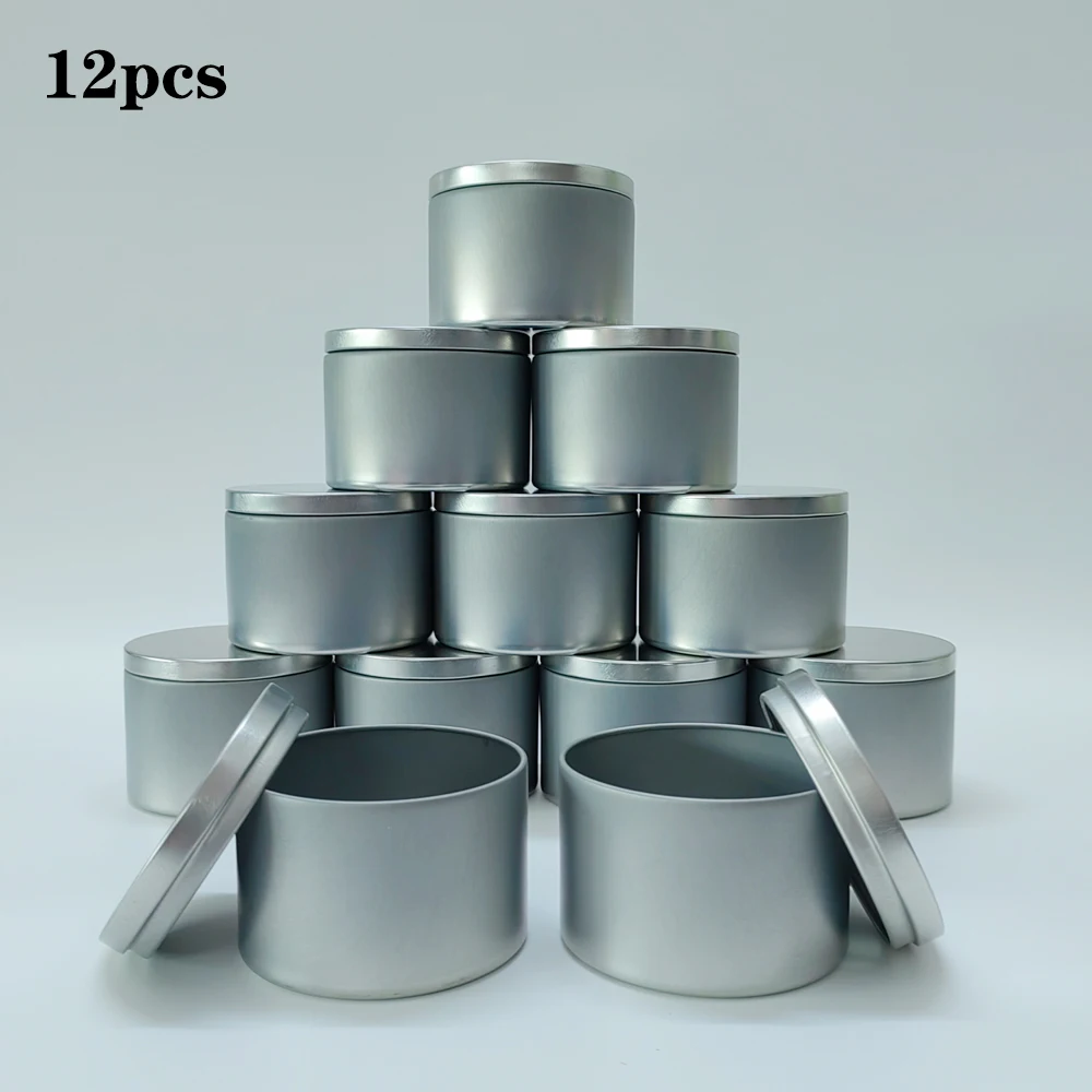 

12pcs 240ml Round Silver Metal Candle Jars 8oz Storage Case DIY Cosmetic Ointments Spices Wax Containers Candles Making Kits